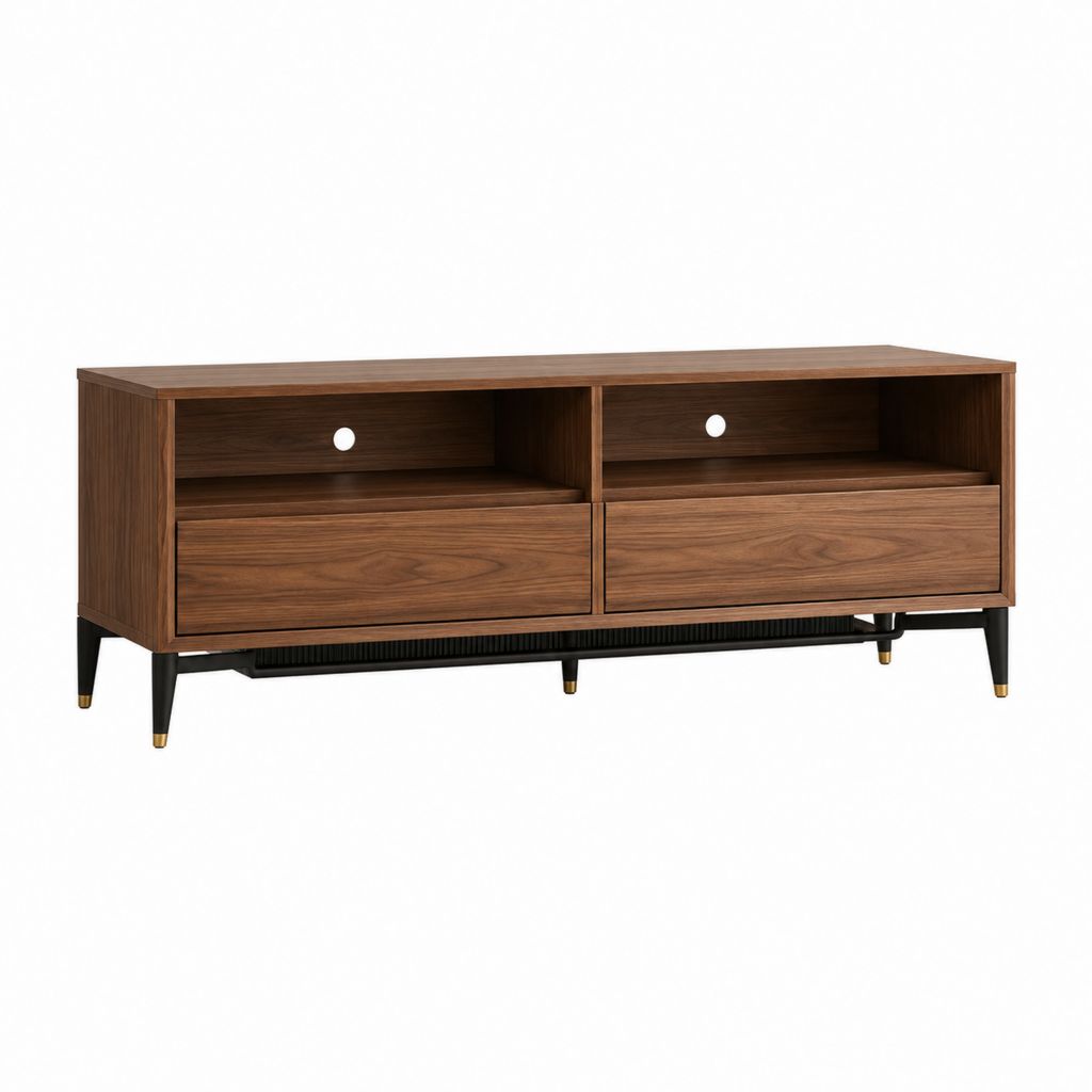Meuble TV 2 tiroirs noyer en MDF rectangulaire 140 x 40 x 60 cm