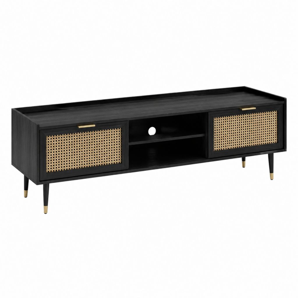 Meuble TV noir en MDF avec portes en cannage 160 x 40 x 55 cm