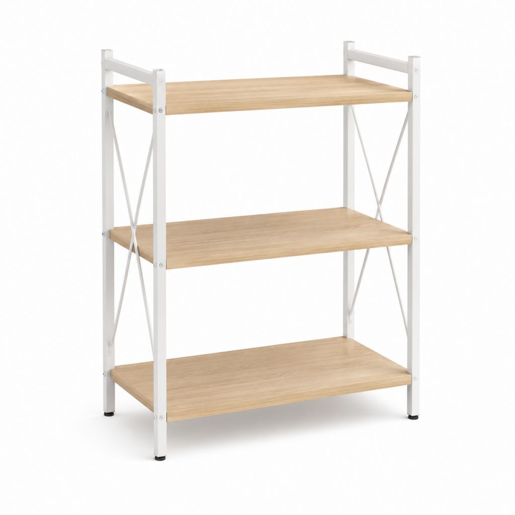 Bibliothèque 3 niveaux blanc et chêne en acier et panneaux MDF 60 x 30 x 90 cm