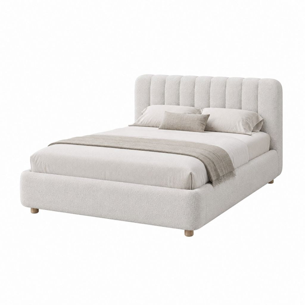 Lit coffre 160 x 200 cm beige en polyester avec tête de lit capitonnée