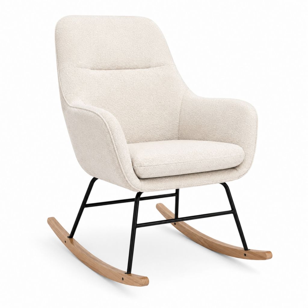 Fauteuil à bascule beige en polyester bouclette avec structure en acier et patins en bois massif 70 x 92 x 98 cm
