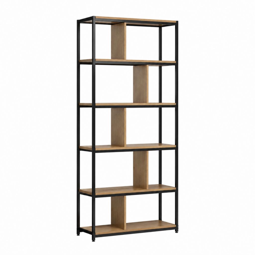 Bibliothèque étagère 5 niveaux marron et noir en panneaux de particules mélaminés et acier 80 x 30 x 180 cm