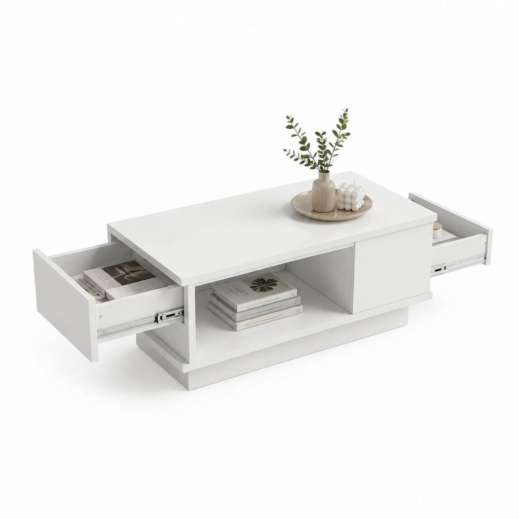Table basse rectangulaire blanche en panneaux de particules mélaminés avec 2 tiroirs 100 x 50 x 40 cm