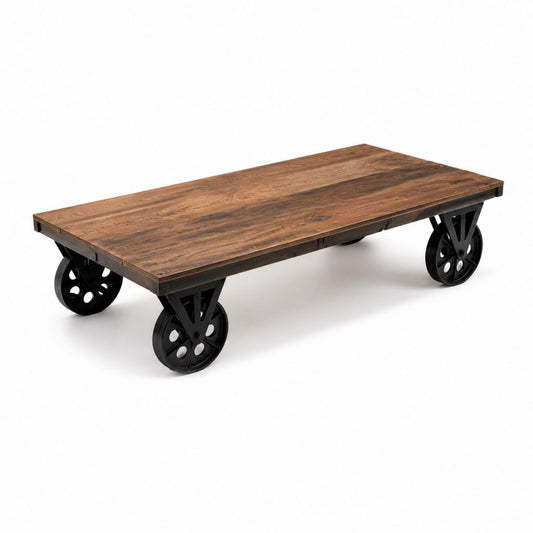 Table basse à roulettes marron en bois de manguier massif et fonte rectangulaire 120 x 60 x 45 cm
