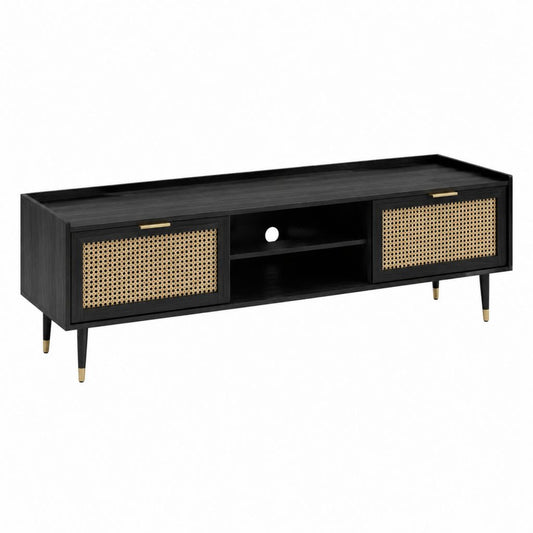 Meuble TV noir en MDF avec portes en cannage 160 x 40 x 55 cm
