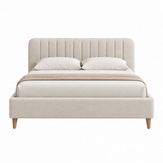 Lit coffre 160 x 200 cm beige en polyester avec tête de lit capitonnée