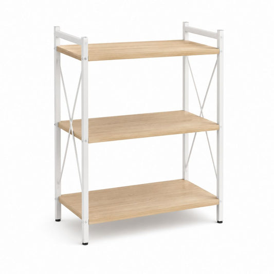 Bibliothèque 3 niveaux blanc et chêne en acier et panneaux MDF 60 x 30 x 90 cm