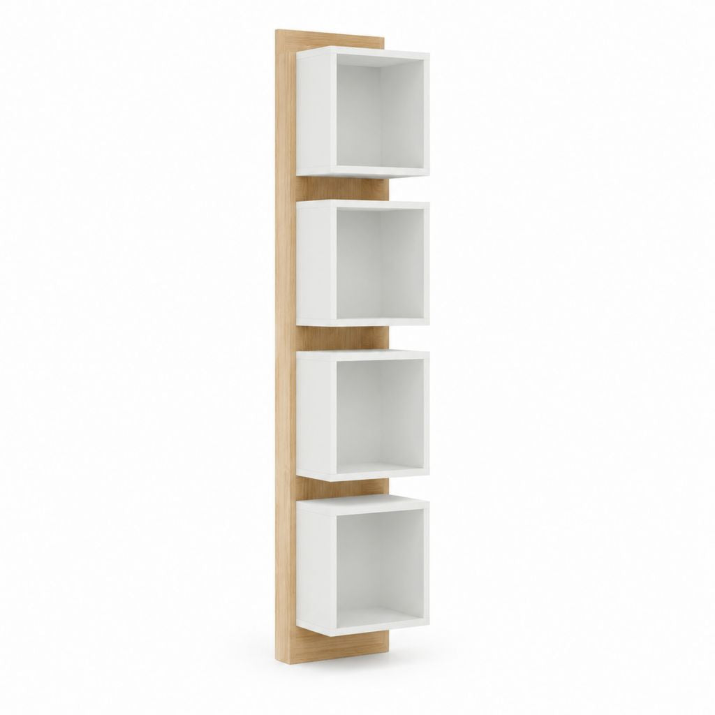 Bibliothèque murale verticale blanche et chêne en panneaux MDF 30 x 25 x 120 cm avec 4 niches