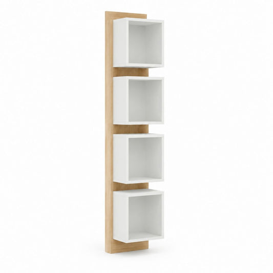Bibliothèque murale verticale blanche et chêne en panneaux MDF 30 x 25 x 120 cm avec 4 niches