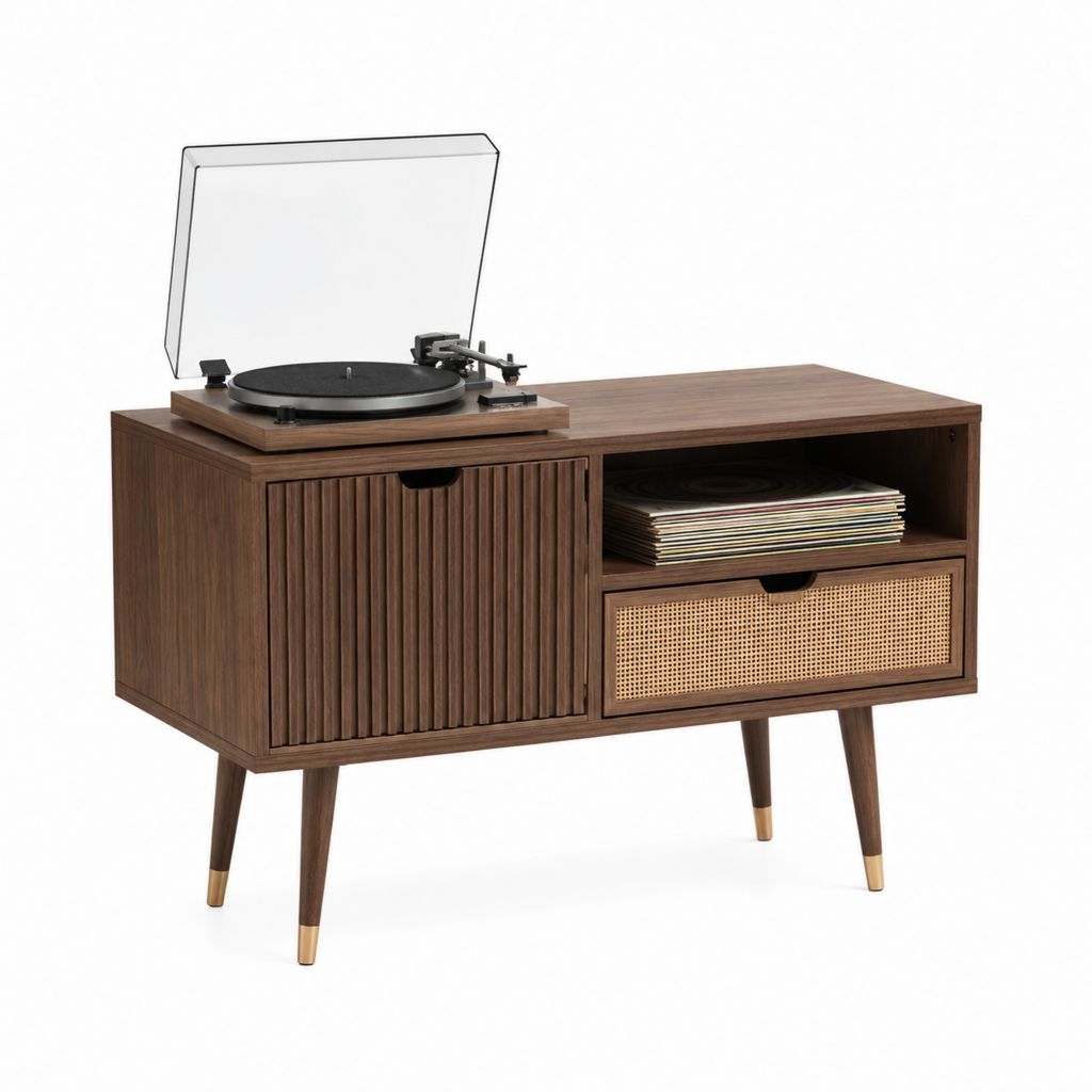 Meuble TV vinyles brun noyer en MDF plaqué noyer et rotin 100 x 40 x 80 cm