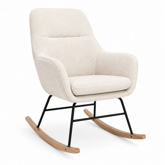Fauteuil à bascule beige en polyester bouclette avec structure en acier et patins en bois massif 70 x 92 x 98 cm