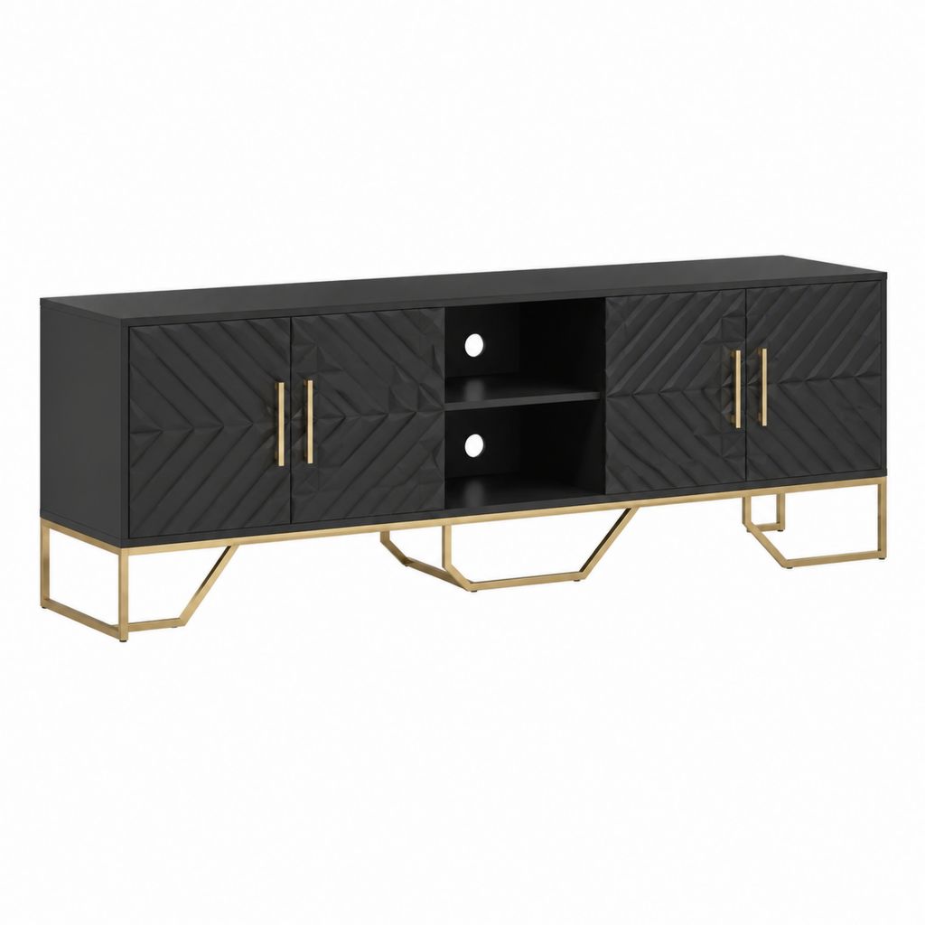 Meuble TV noir en panneaux MDF et acier doré 160 x 40 x 60 cm avec 4 portes et niches ouvertes