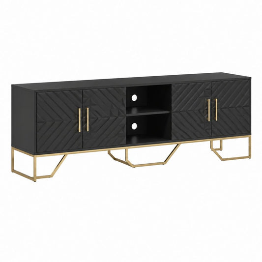 Meuble TV noir en panneaux MDF et acier doré 160 x 40 x 60 cm avec 4 portes et niches ouvertes