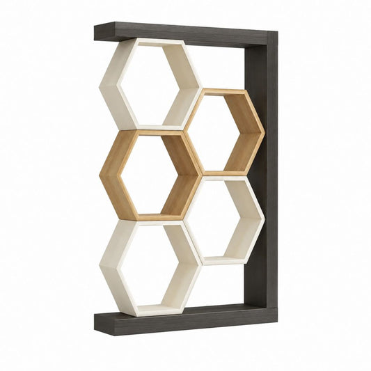 Bibliothèque hexagonale ouverte noir blanc chêne en MDF 80 x 30 x 120 cm