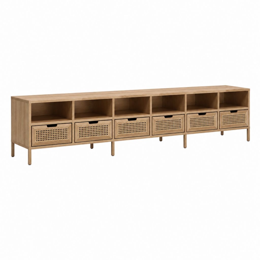 Meuble TV 6 tiroirs chêne et rotin rectangulaire 180 x 40 x 55 cm