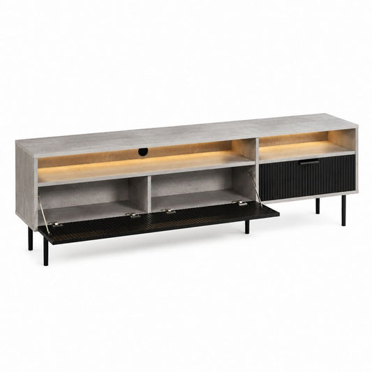 Meuble TV 180 cm gris béton et noir en MDF avec éclairage LED et rangements