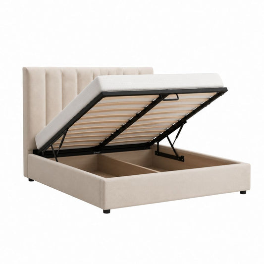 Lit coffre 160 x 200 cm beige en polyester avec sommier à lattes et tête de lit capitonnée