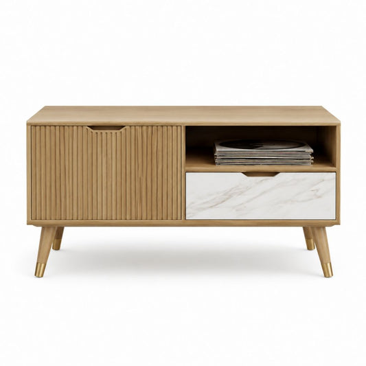 Meuble TV rectangulaire en MDF plaqué chêne avec tiroir effet marbre 120 x 40 x 70 cm
