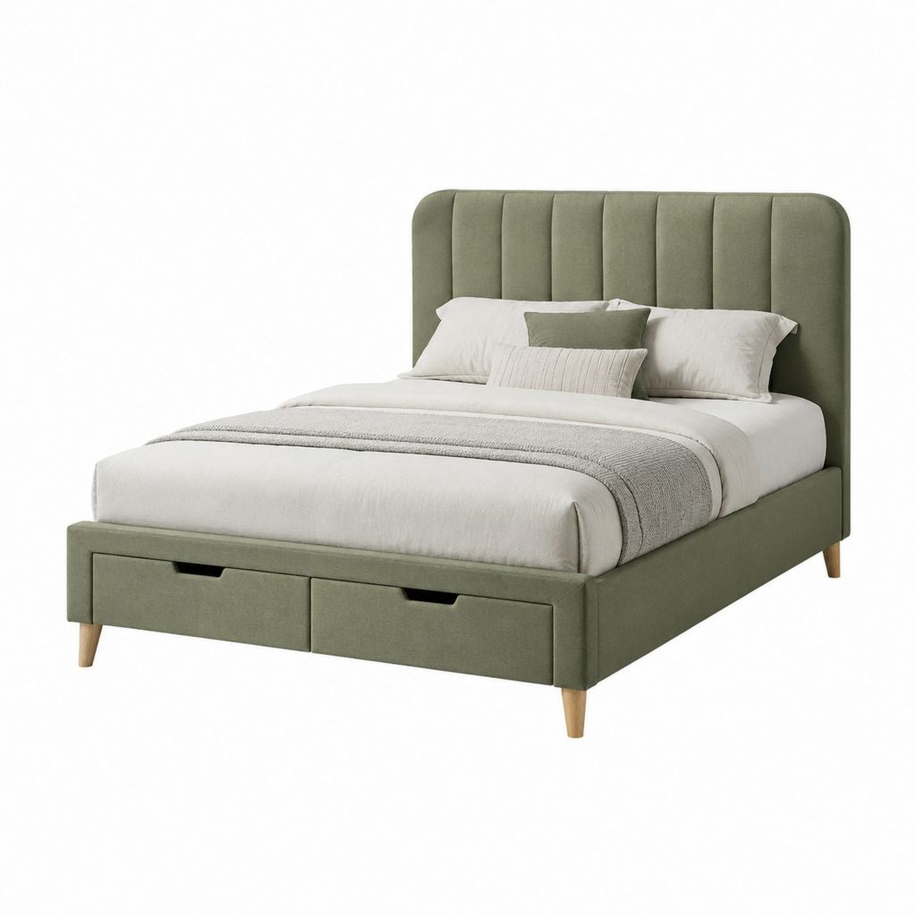 Lit avec rangement 2 tiroirs en polyester vert olive rectangulaire 160 x 200 cm