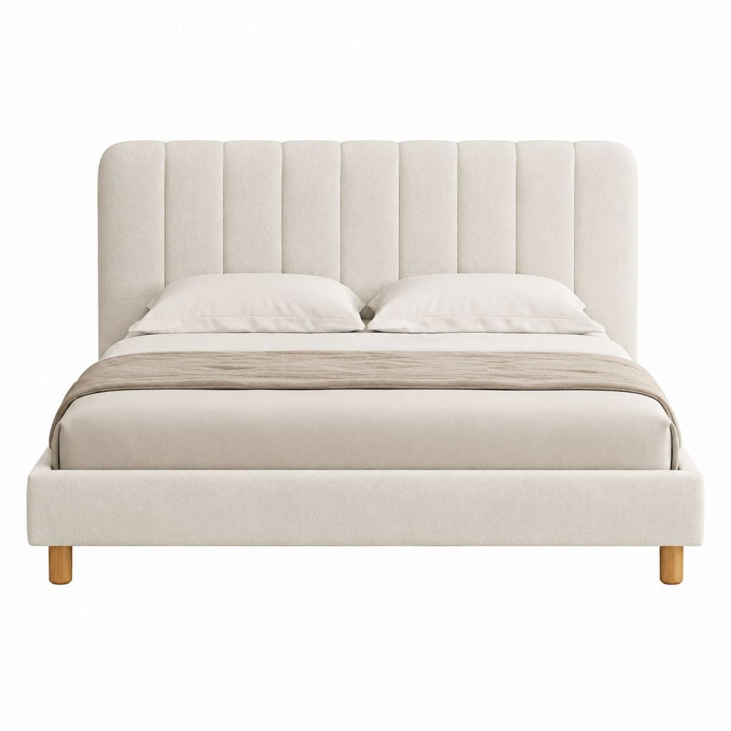Lit double capitonné beige en polyester avec tête de lit verticale 160 x 200 cm