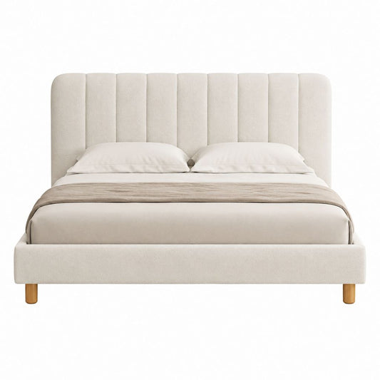 Lit double capitonné beige en polyester avec tête de lit verticale 160 x 200 cm