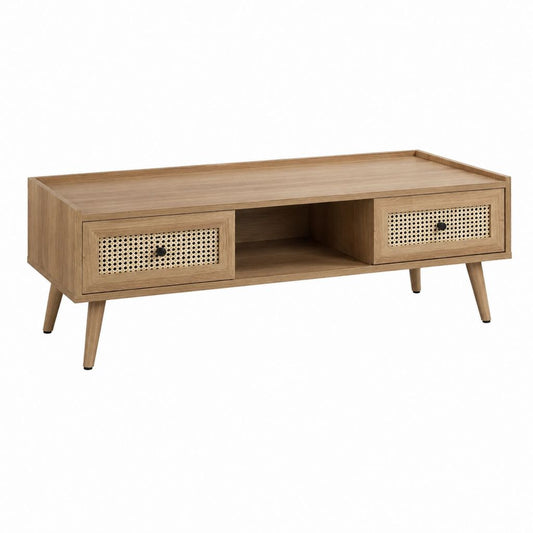 Table basse rectangulaire chêne en MDF et cannage en rotin 120 x 40 x 50 cm