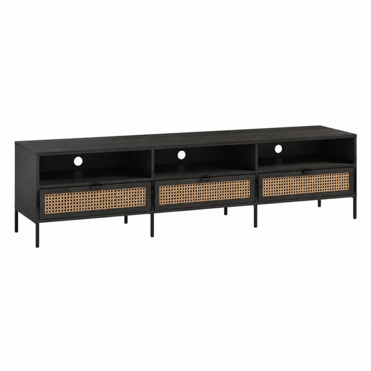 Meuble TV 3 tiroirs noir cannage rotin MDF 180 x 40 x 55 cm