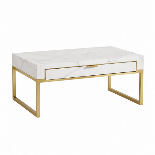 Table basse rectangulaire blanche effet marbre et acier doré avec tiroir 100 x 60 x 45 cm