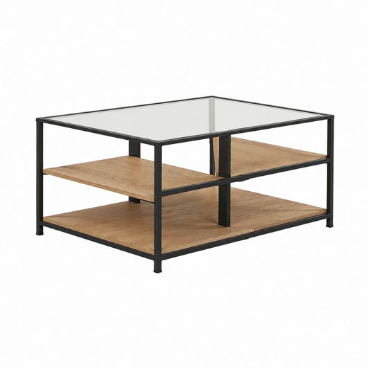 Table basse rectangulaire noire et chêne avec plateau en verre 100 x 60 x 45 cm