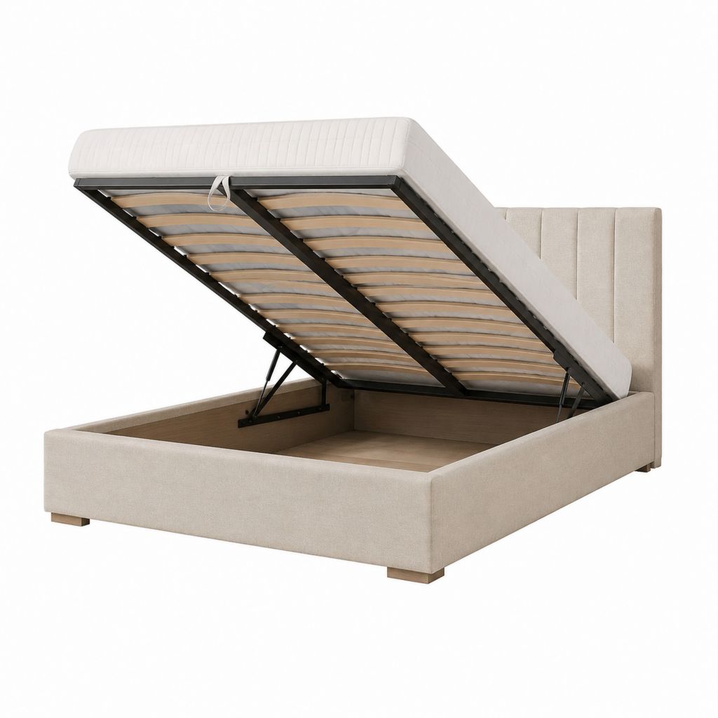 Lit coffre double beige en polyester avec sommier à lattes 160 x 200 cm
