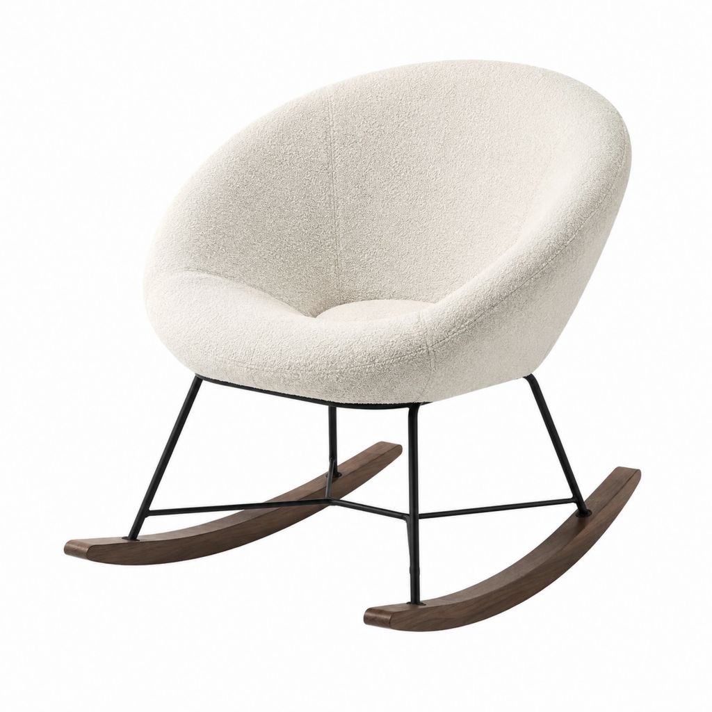 Fauteuil à bascule écru en polyester bouclette avec piètement en acier et patins effet noyer 68 x 78 x 85 cm