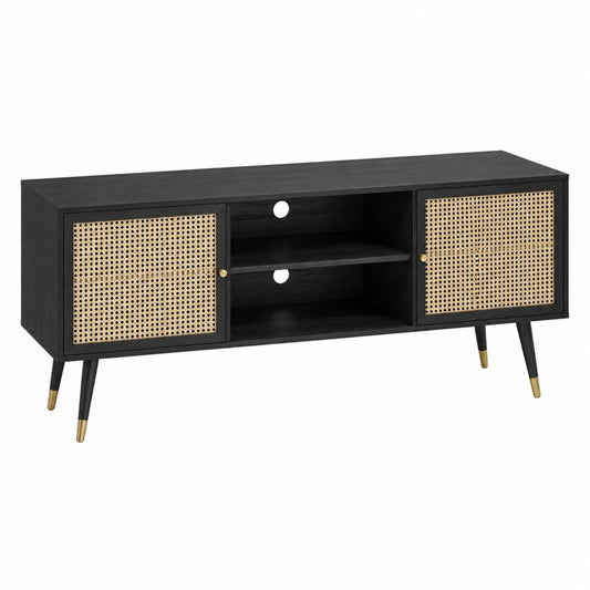 Meuble TV rectangulaire noir en panneaux MDF et cannage de rotin 140 x 40 x 60 cm