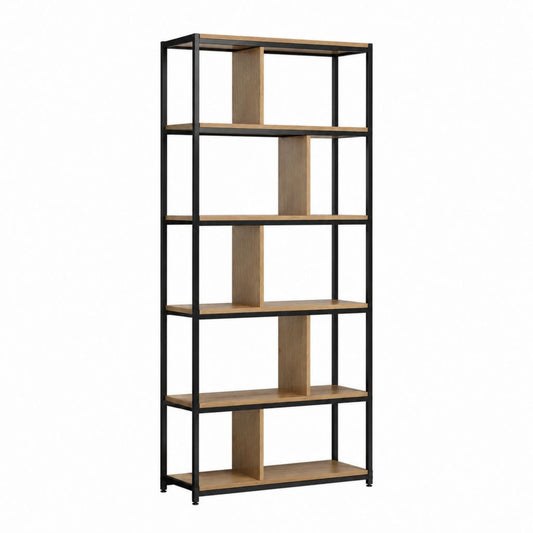Bibliothèque étagère 5 niveaux marron et noir en panneaux de particules mélaminés et acier 80 x 30 x 180 cm
